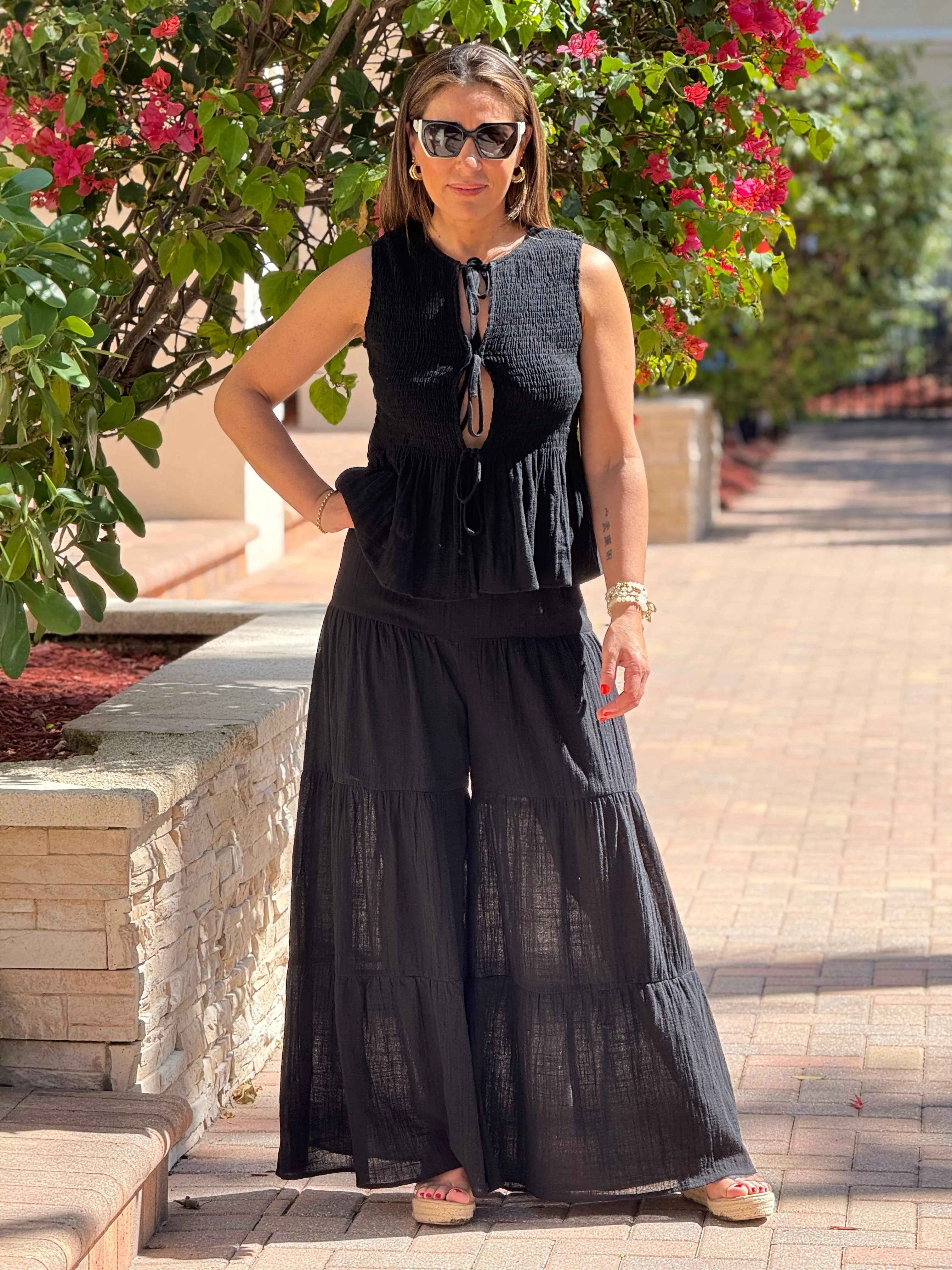 "Pamela" Rayon Vest And Tiered Palazzo Pants Set