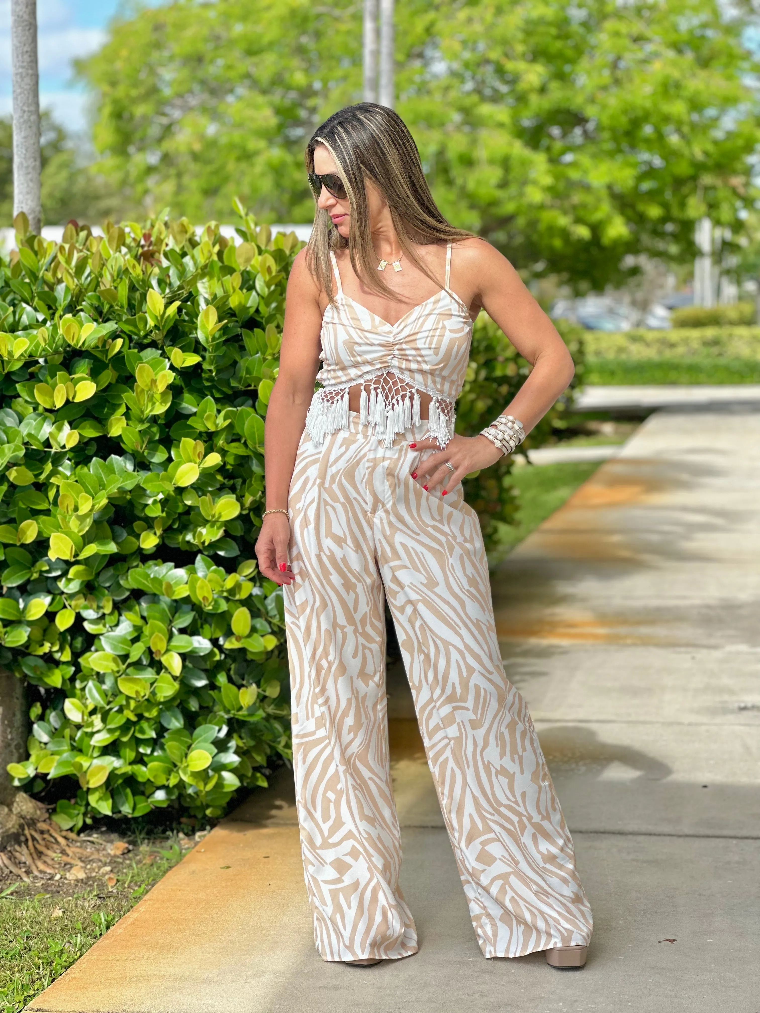 "Sunset" Tassel Details Crop Top And High Waisted Pants Set