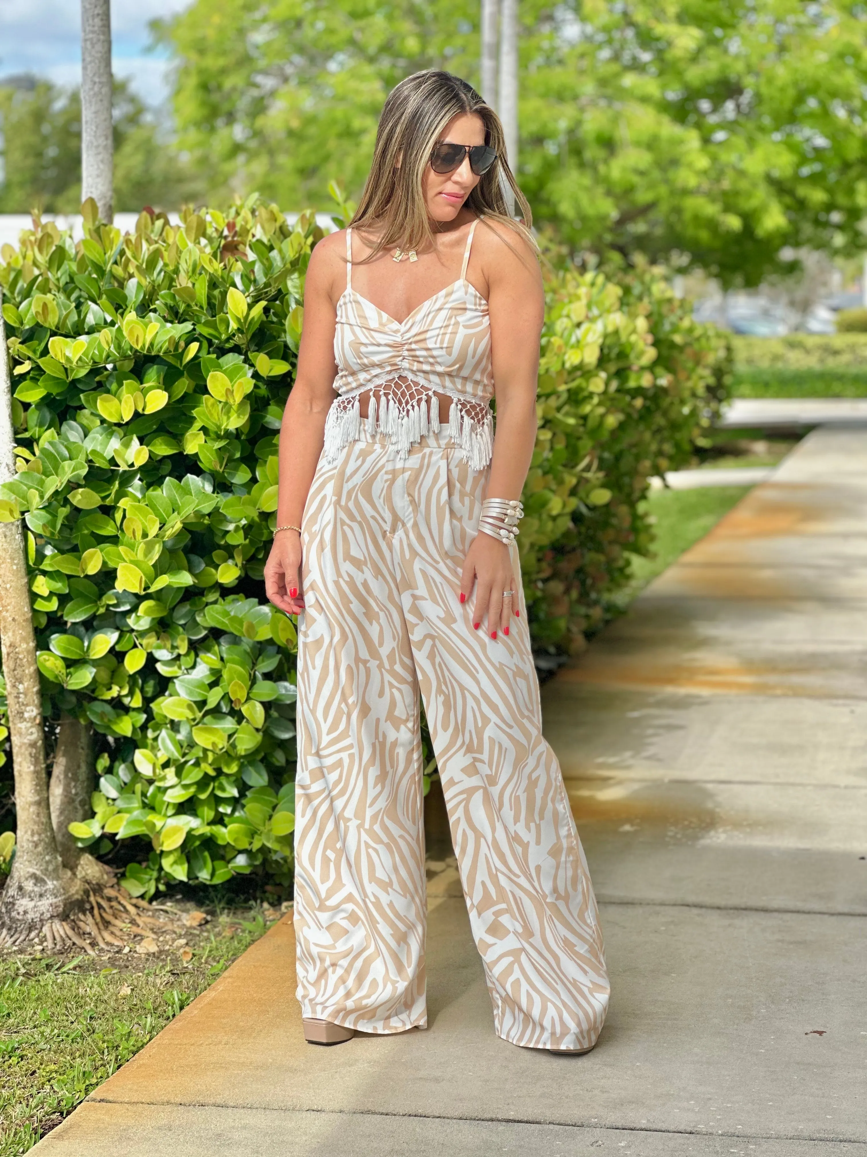 "Sunset" Tassel Details Crop Top And High Waisted Pants Set
