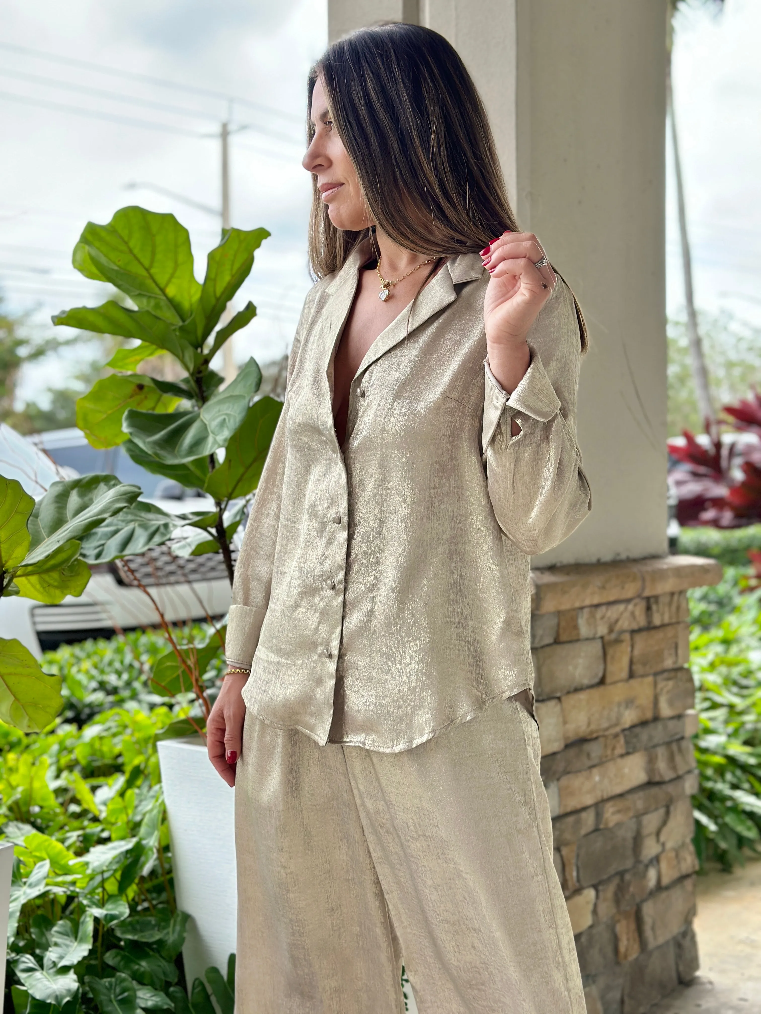 "Yess" Shimmer Long Sleeve Blouse And Pants Set