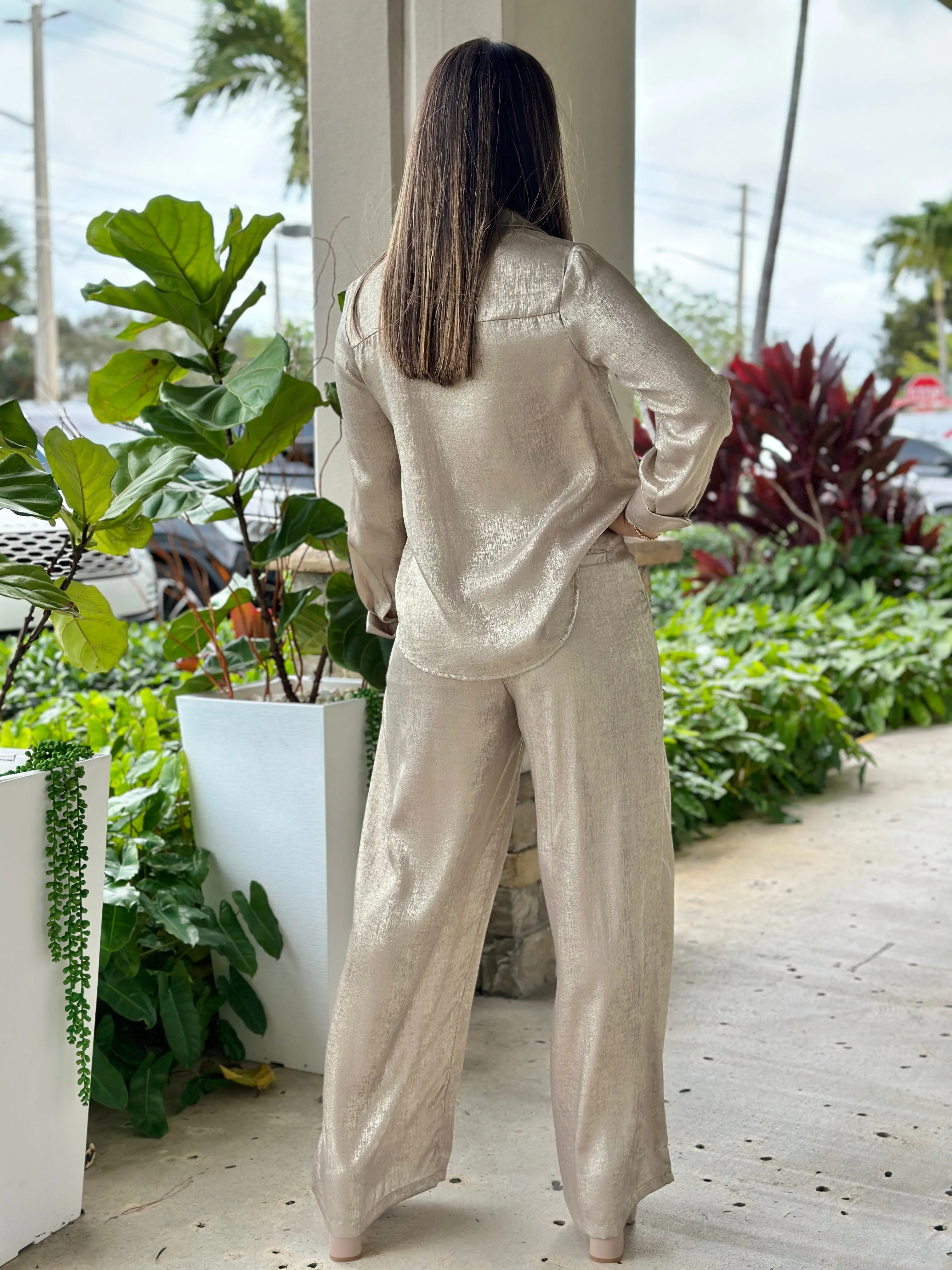 "Yess" Shimmer Long Sleeve Blouse And Pants Set