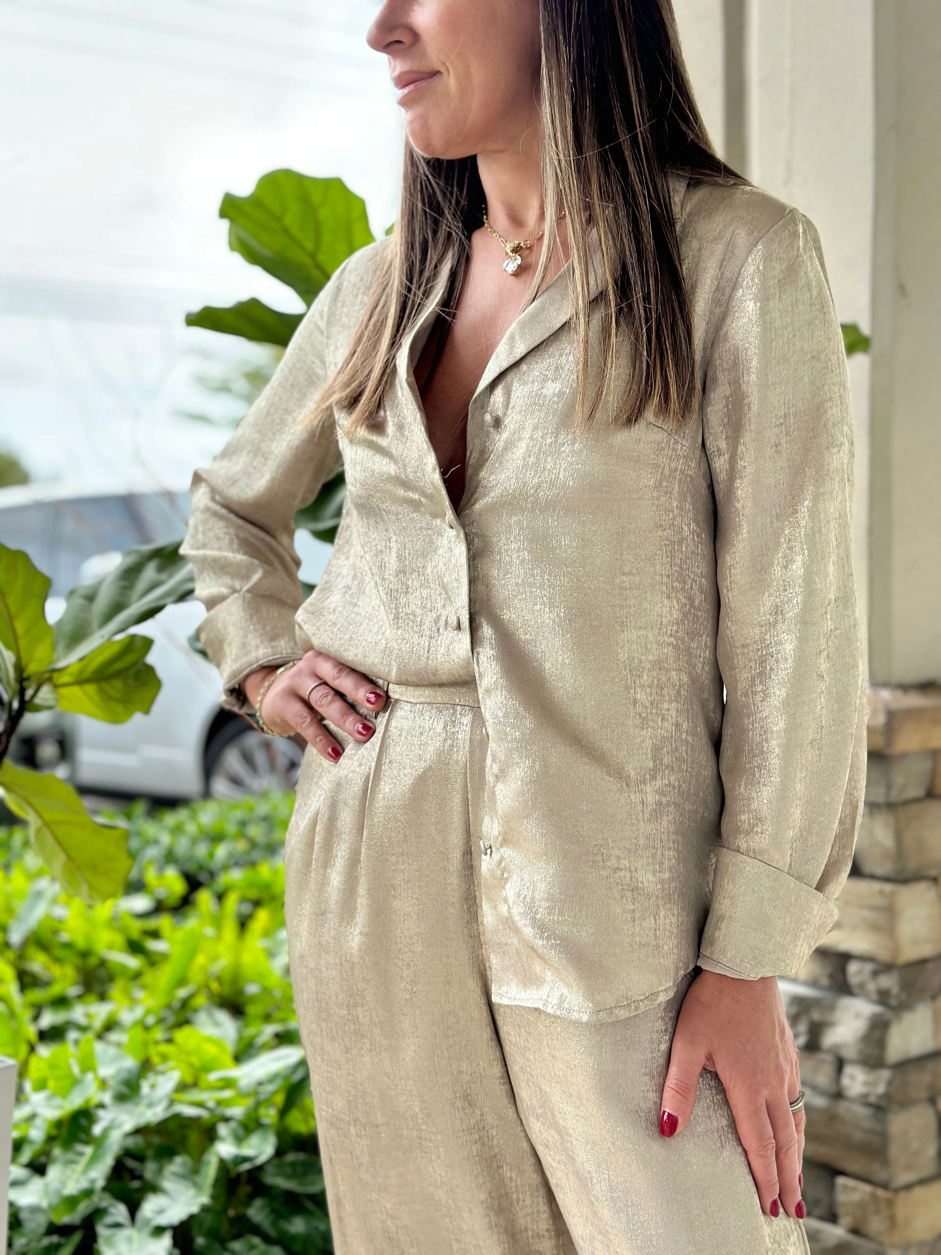 "Yess" Shimmer Long Sleeve Blouse And Pants Set