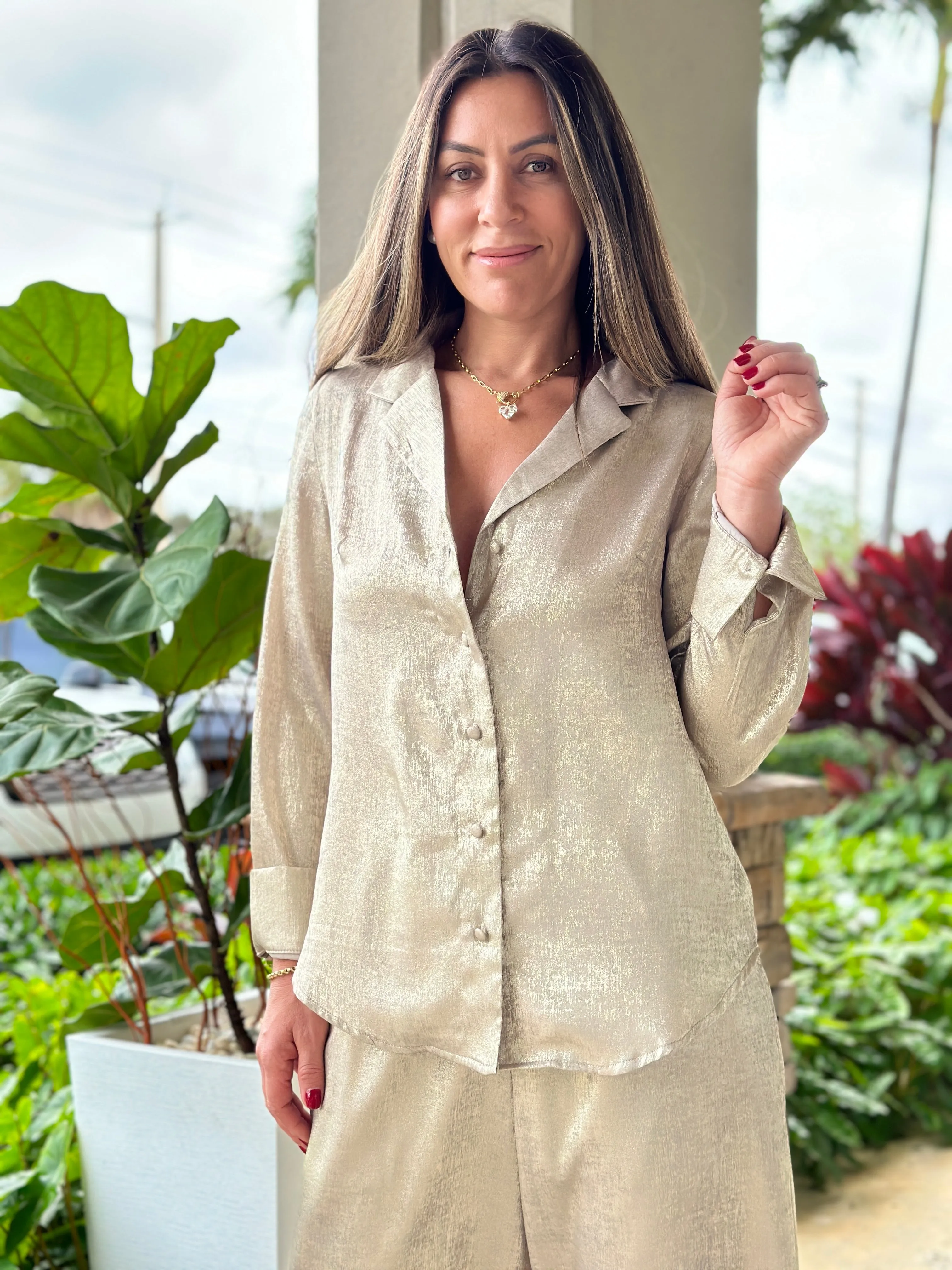 "Yess" Shimmer Long Sleeve Blouse And Pants Set
