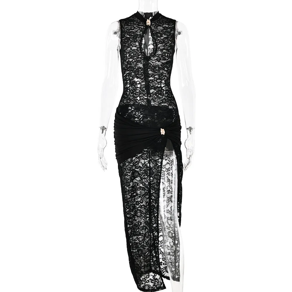 REALAIOT 2025 cross-border ins are selling new models, sexy and fashionable lace hollow high split slim sleeveless dress
