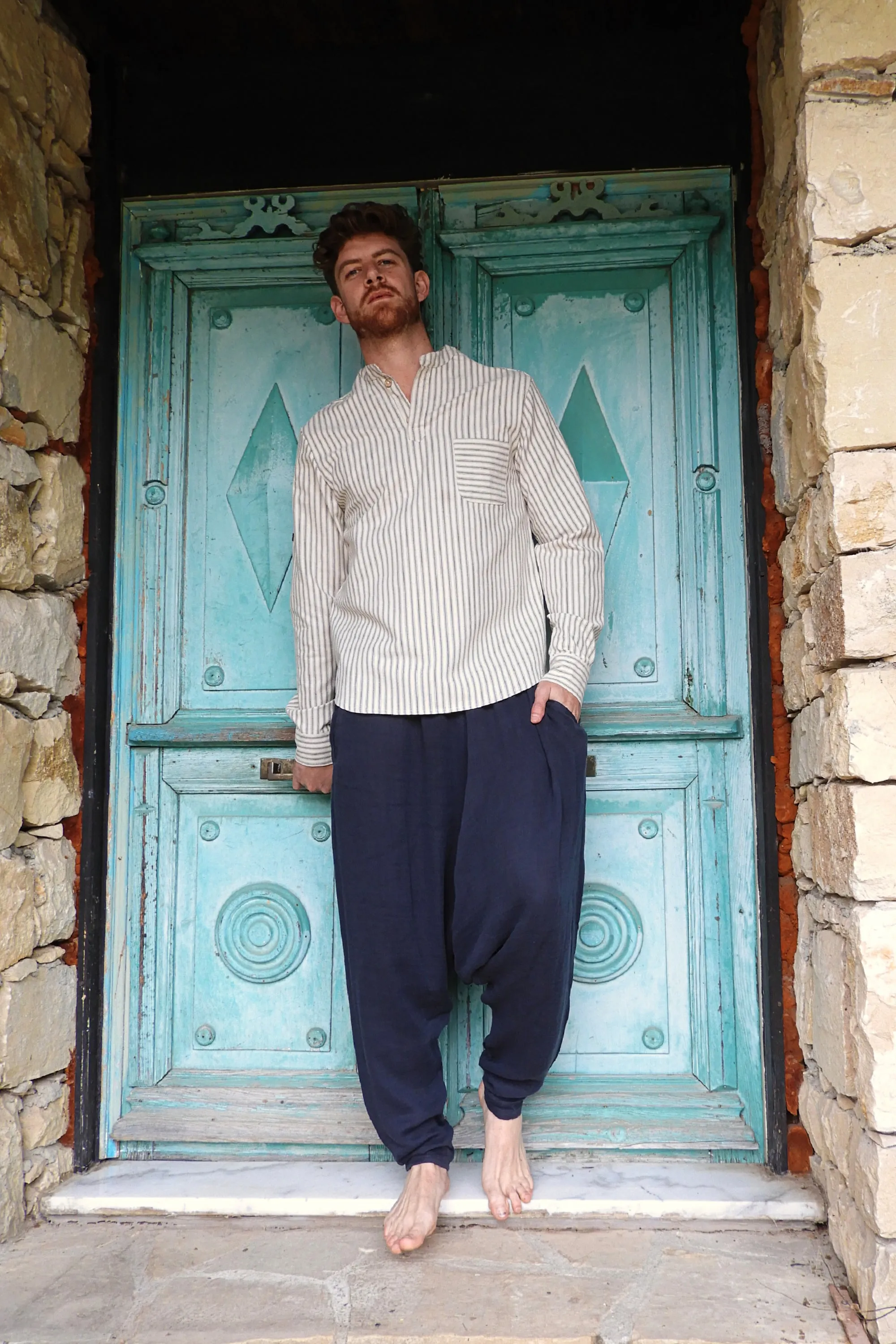 RELAX Men's Organic Gauze Cotton Harem Pants (Black, Dark Blue)
