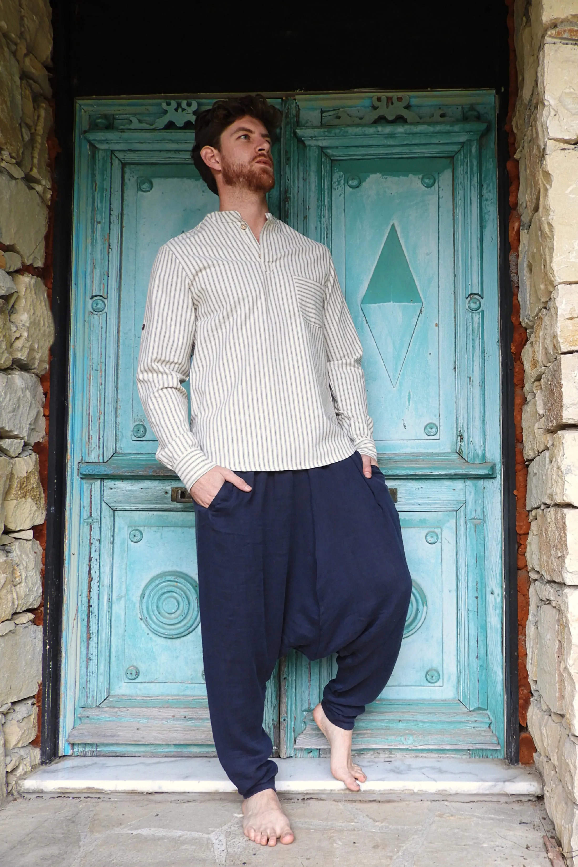 RELAX Men's Organic Gauze Cotton Harem Pants (Black, Dark Blue)