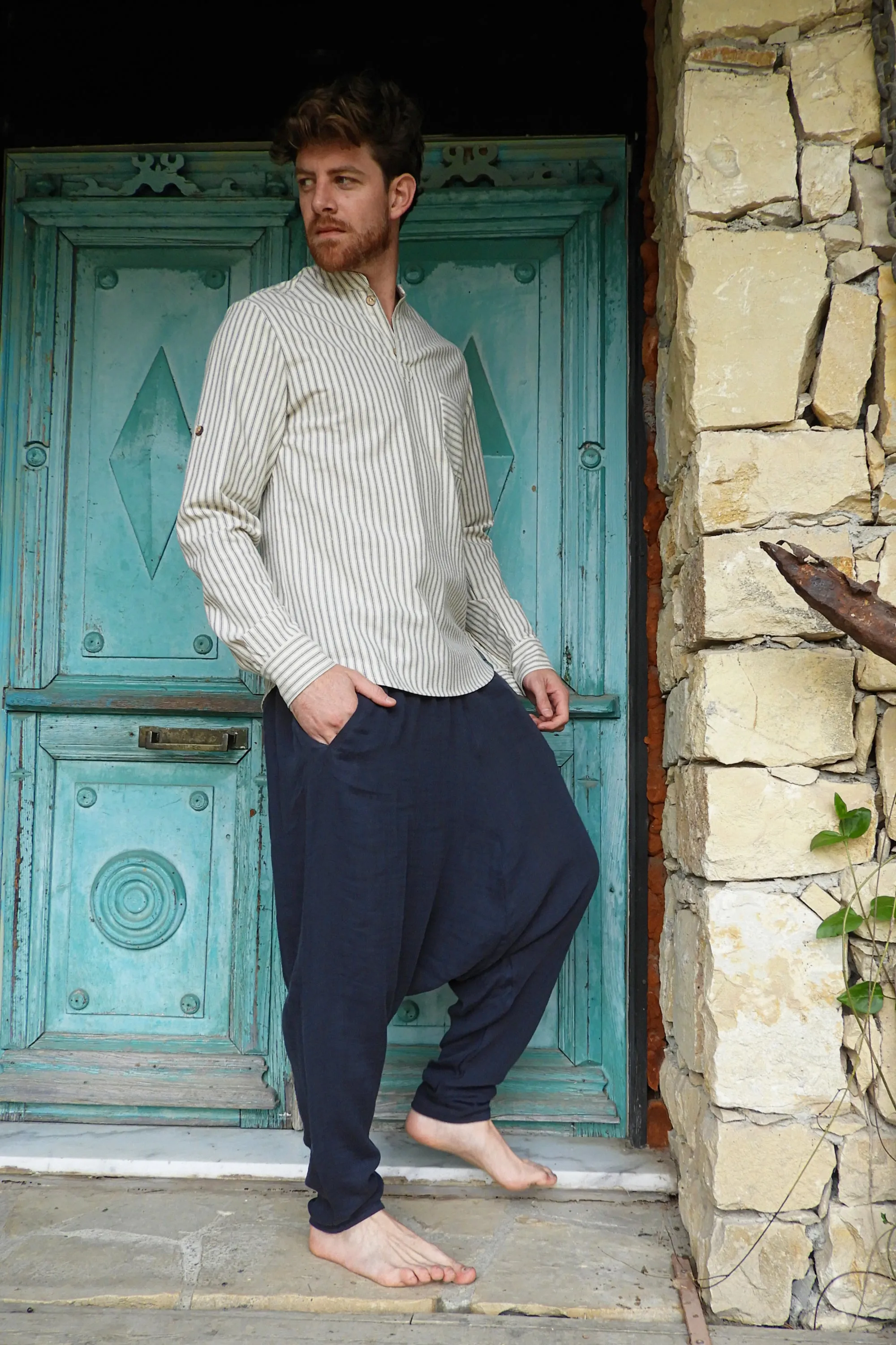 RELAX Men's Organic Gauze Cotton Harem Pants (Black, Dark Blue)
