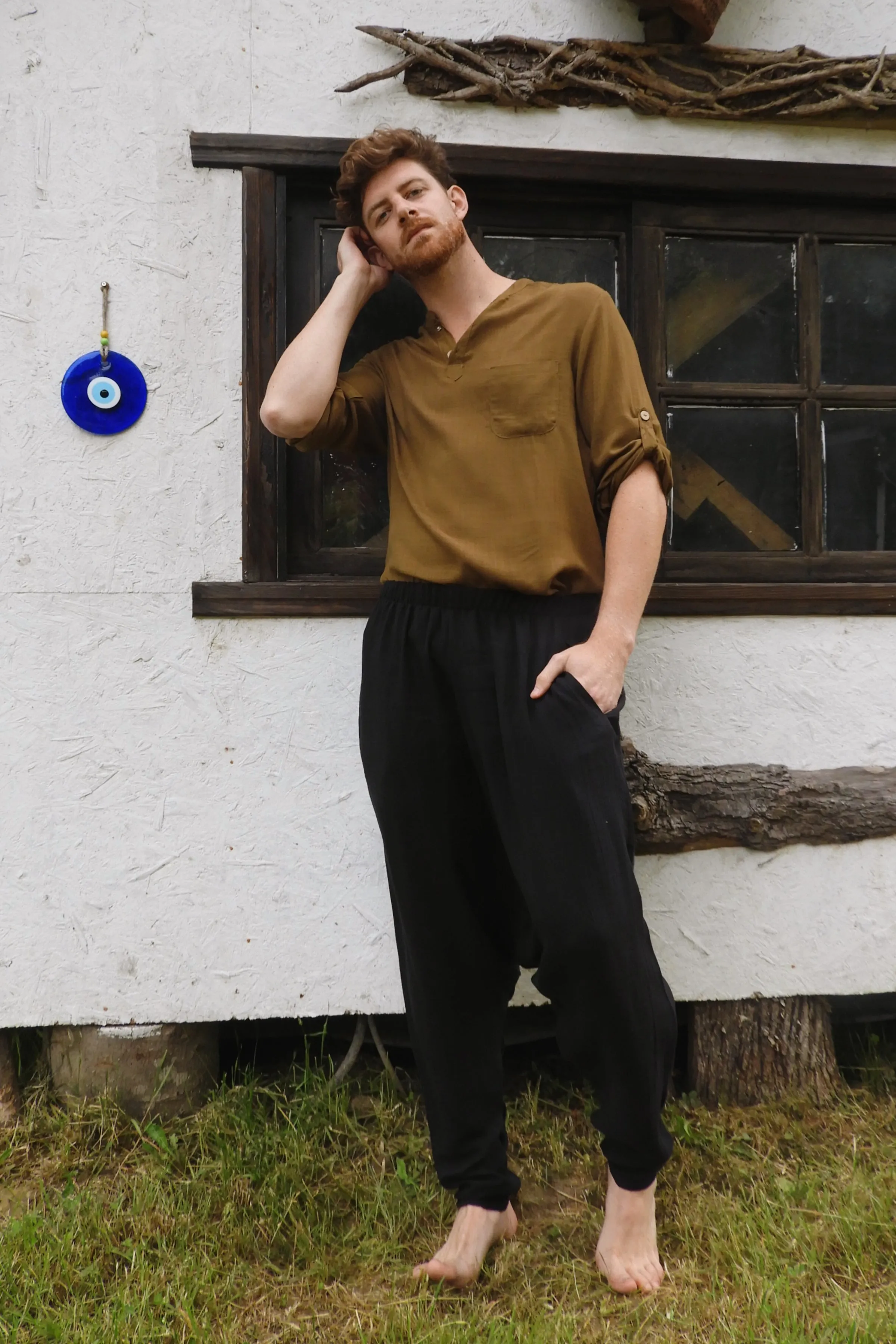 RELAX Men's Organic Gauze Cotton Harem Pants (Black, Dark Blue)