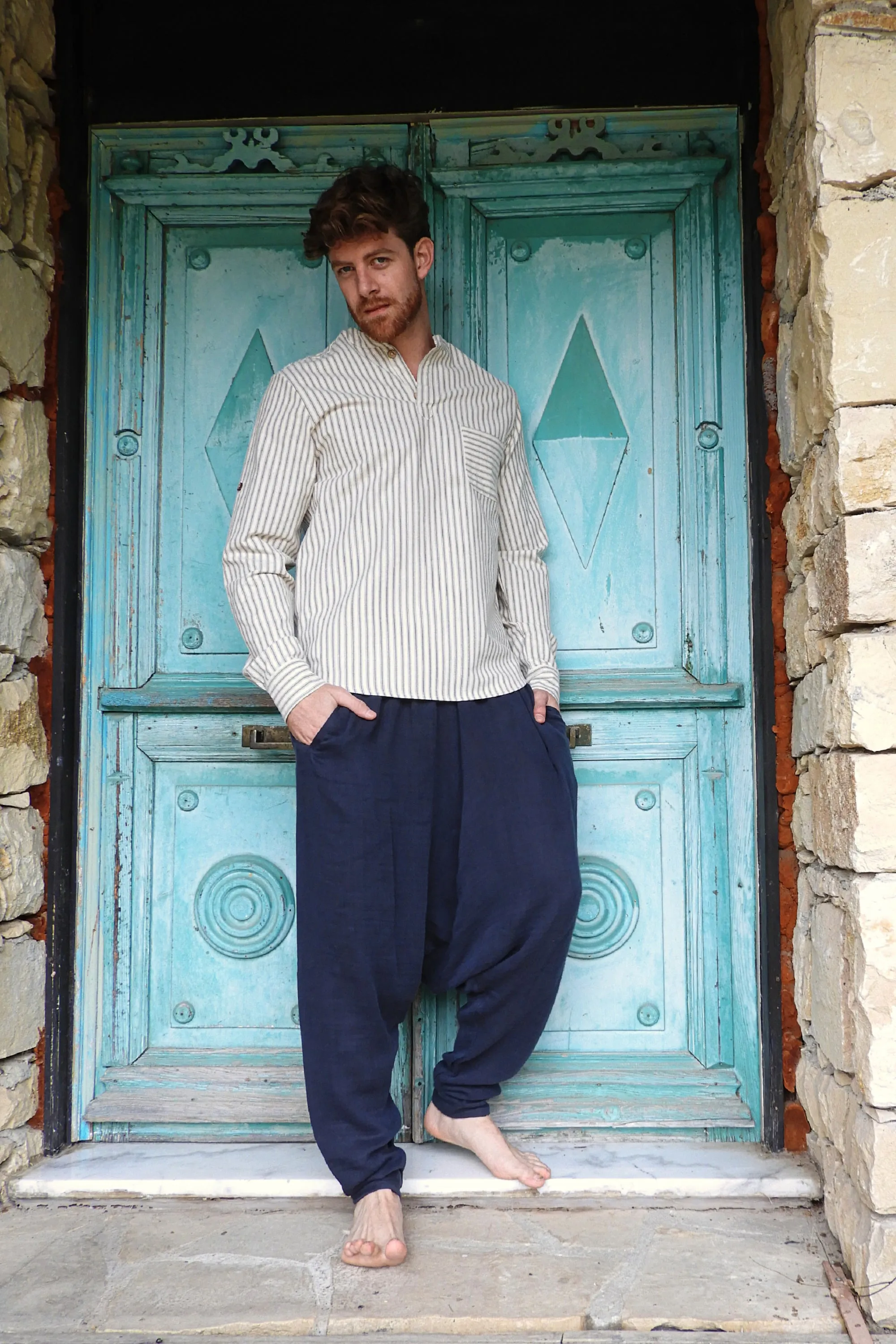 RELAX Men's Organic Gauze Cotton Harem Pants (Black, Dark Blue)