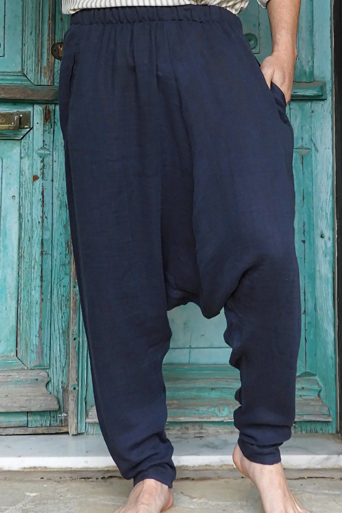 RELAX Men's Organic Gauze Cotton Harem Pants (Black, Dark Blue)