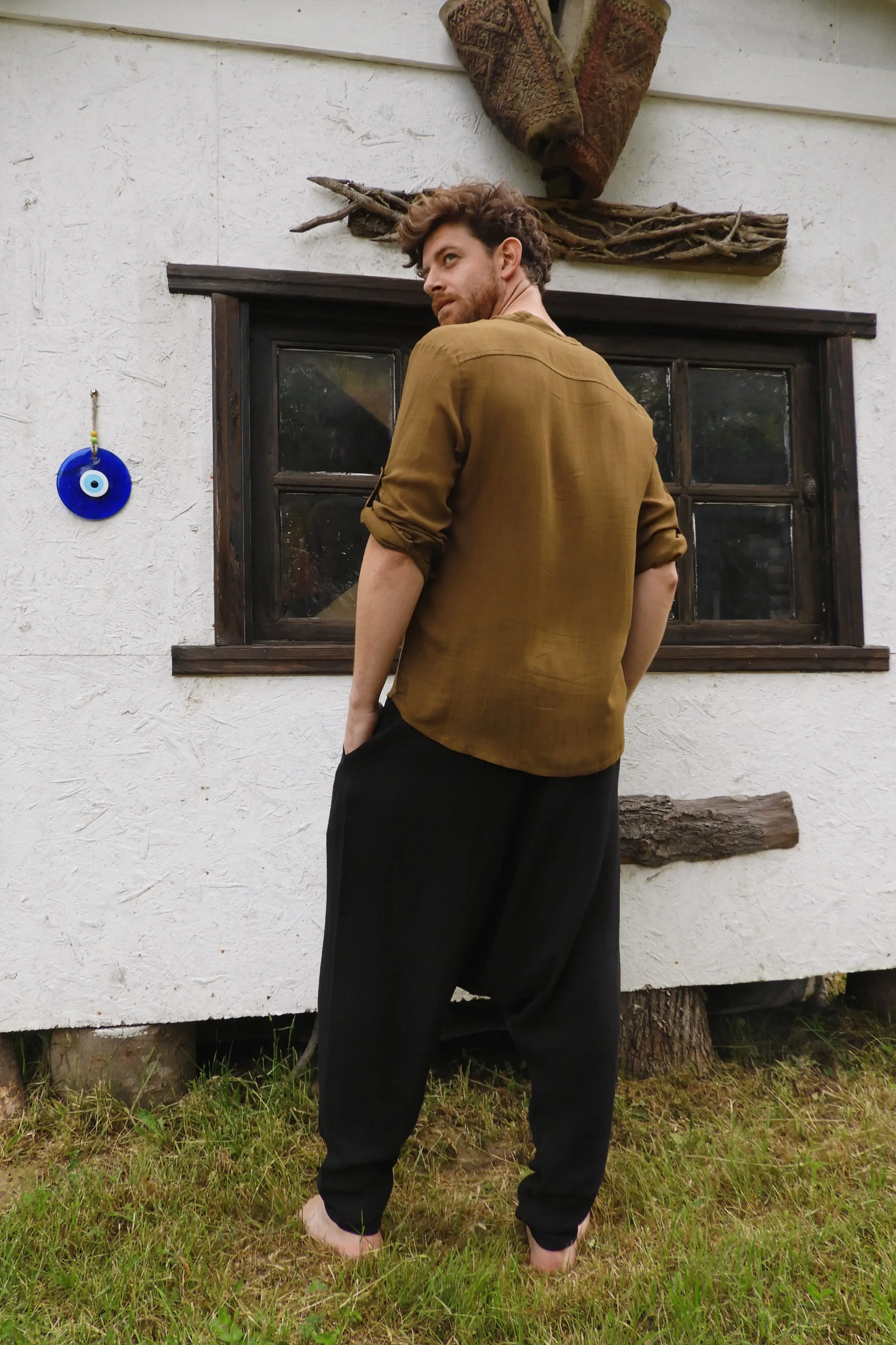 RELAX Men's Organic Gauze Cotton Harem Pants (Black, Dark Blue)