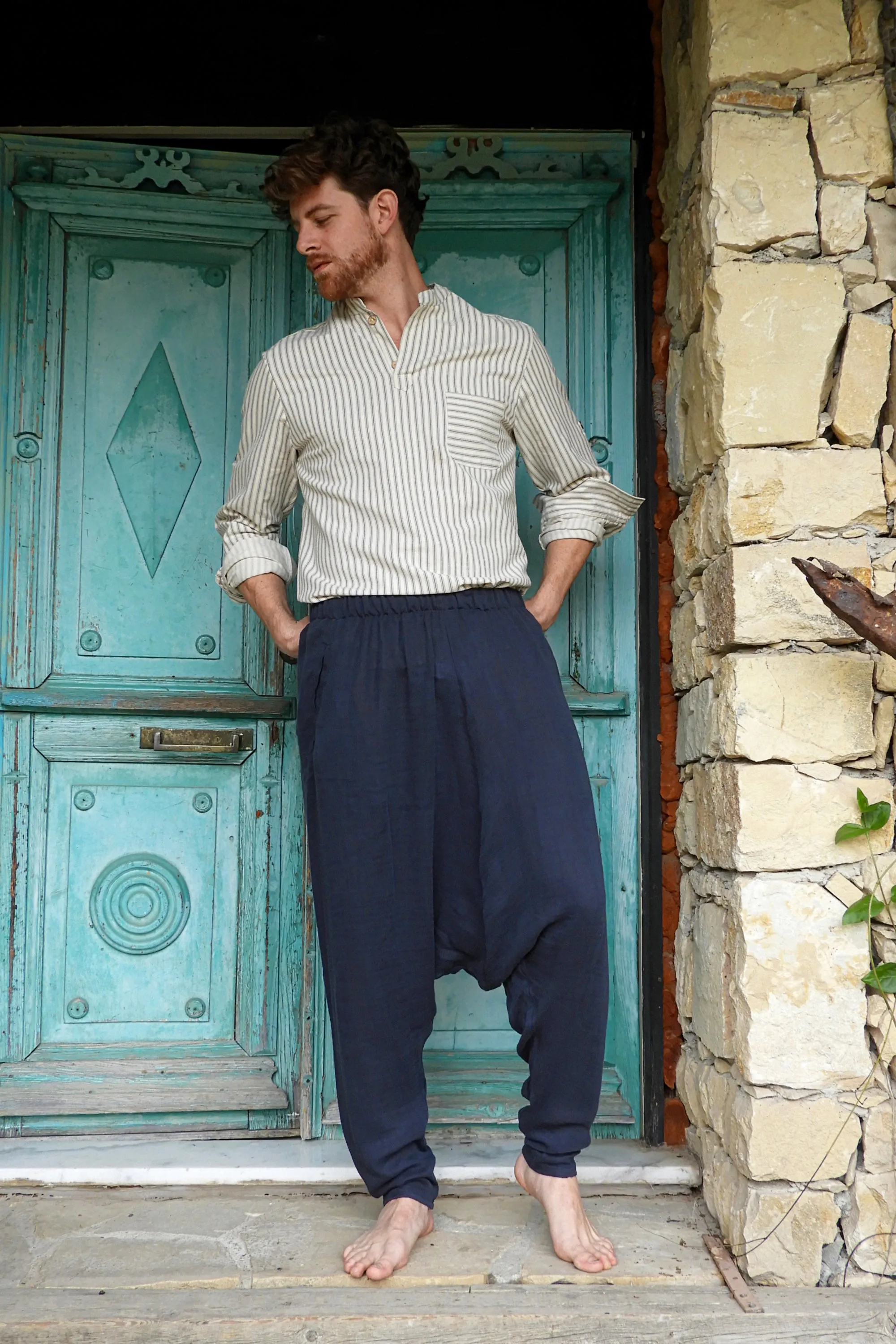 RELAX Men's Organic Gauze Cotton Harem Pants (Black, Dark Blue)