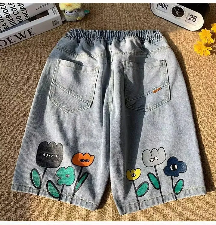 Retro Flowers Cartoon Back Printed Denim Shorts