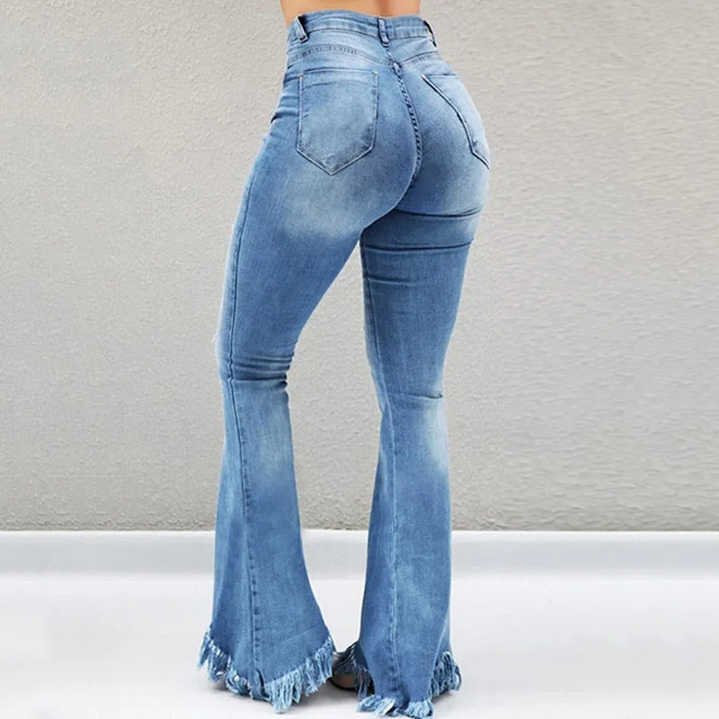 Ripped Bell-bottomed Tassel Denim Pants