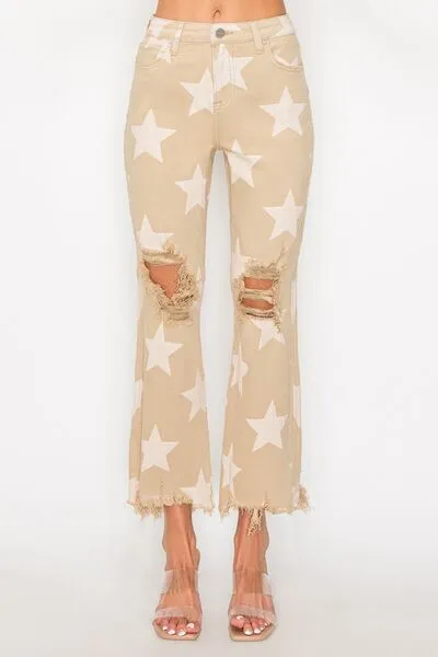 RISEN Full Size High Rise Star Printed Frayed Hem Jeans