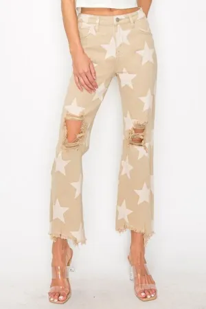 RISEN Full Size High Rise Star Printed Frayed Hem Jeans
