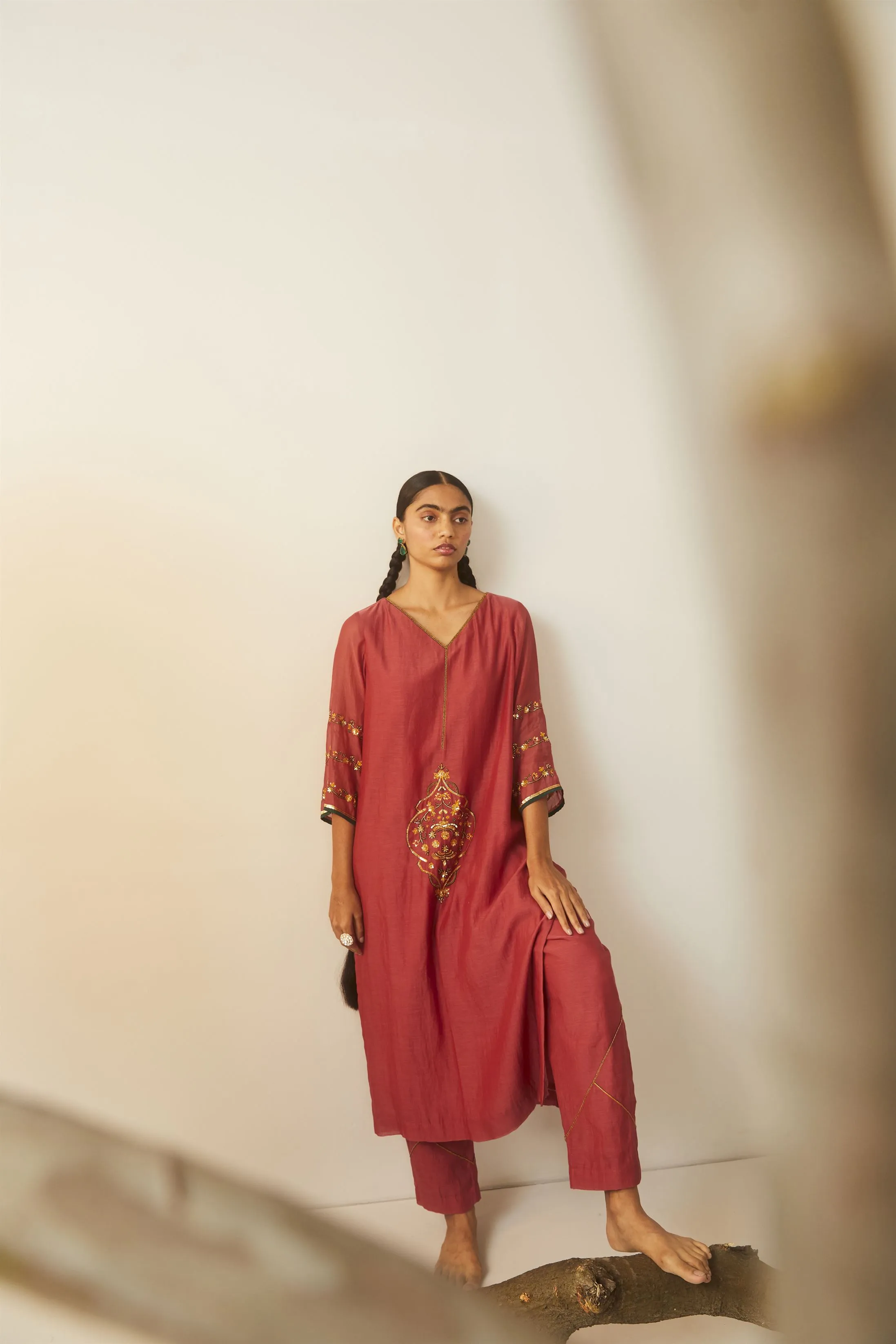 Sarang Kaur Ontario Watermelon Meenakshi Kurta Pant set Chanderi silk Bareeki SK01303