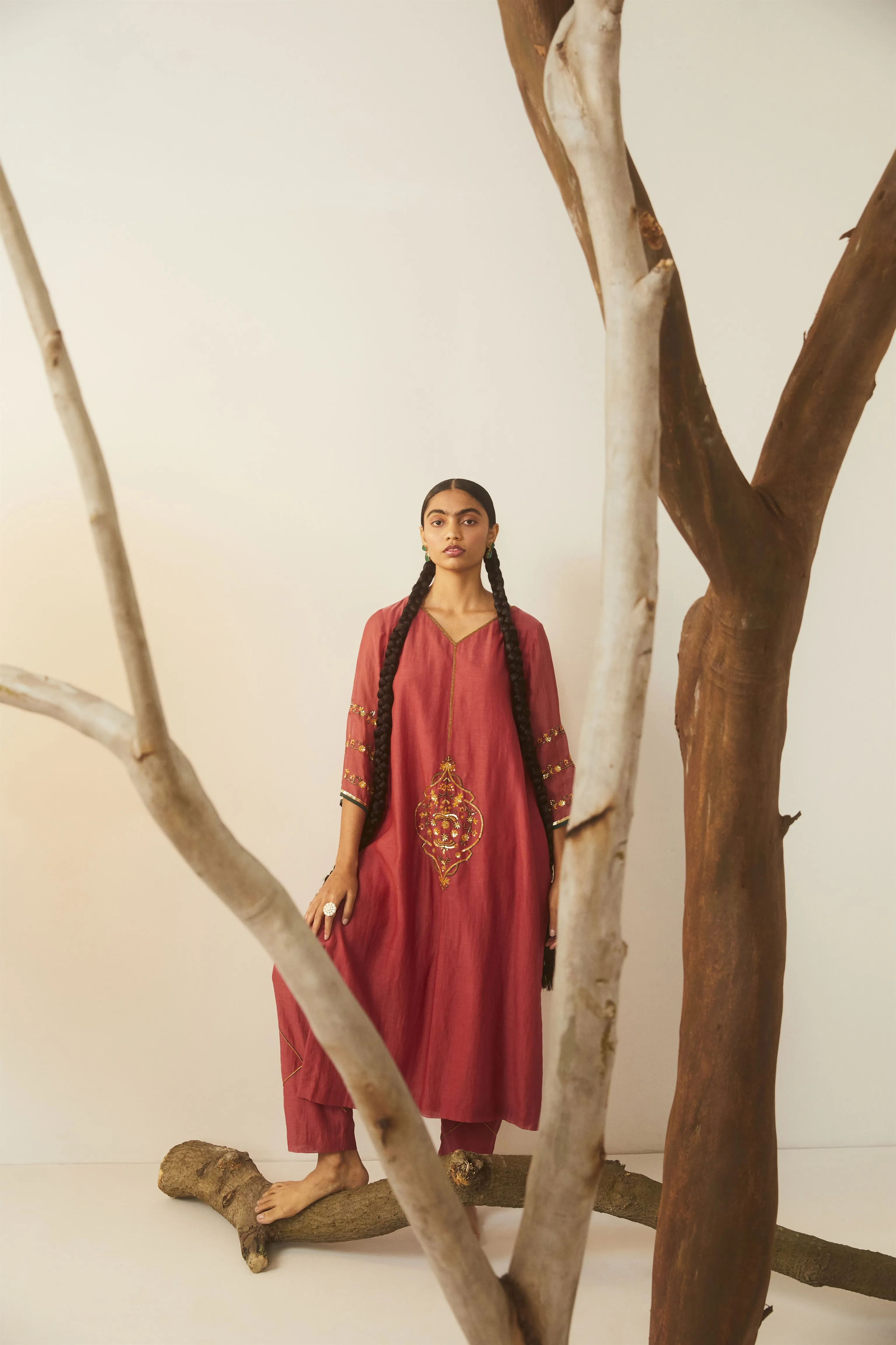 Sarang Kaur Ontario Watermelon Meenakshi Kurta Pant set Chanderi silk Bareeki SK01303