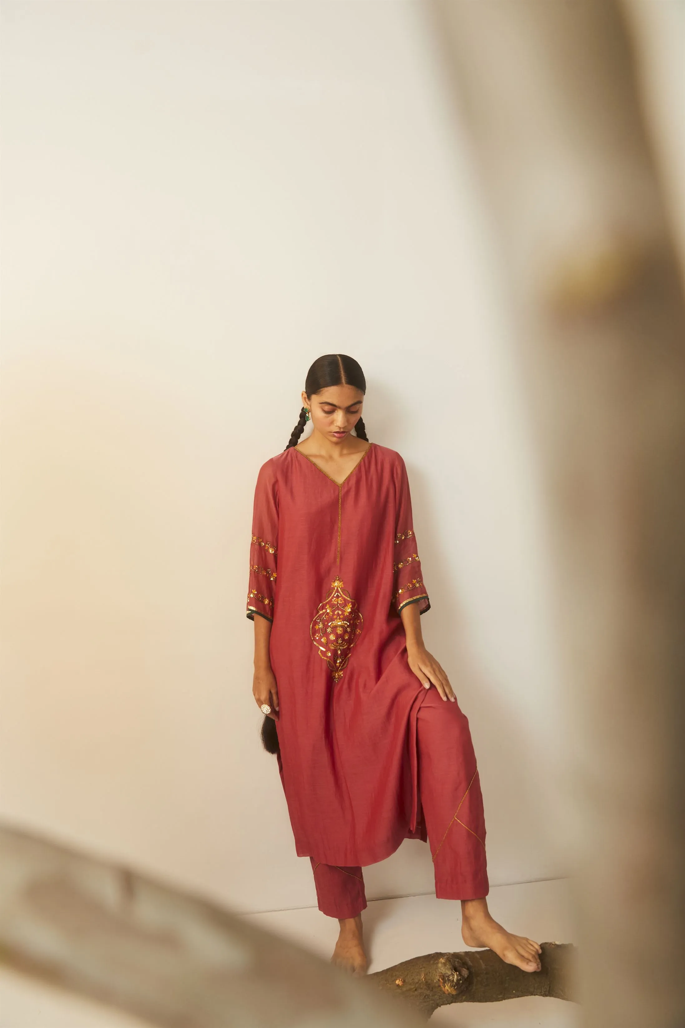 Sarang Kaur Ontario Watermelon Meenakshi Kurta Pant set Chanderi silk Bareeki SK01303
