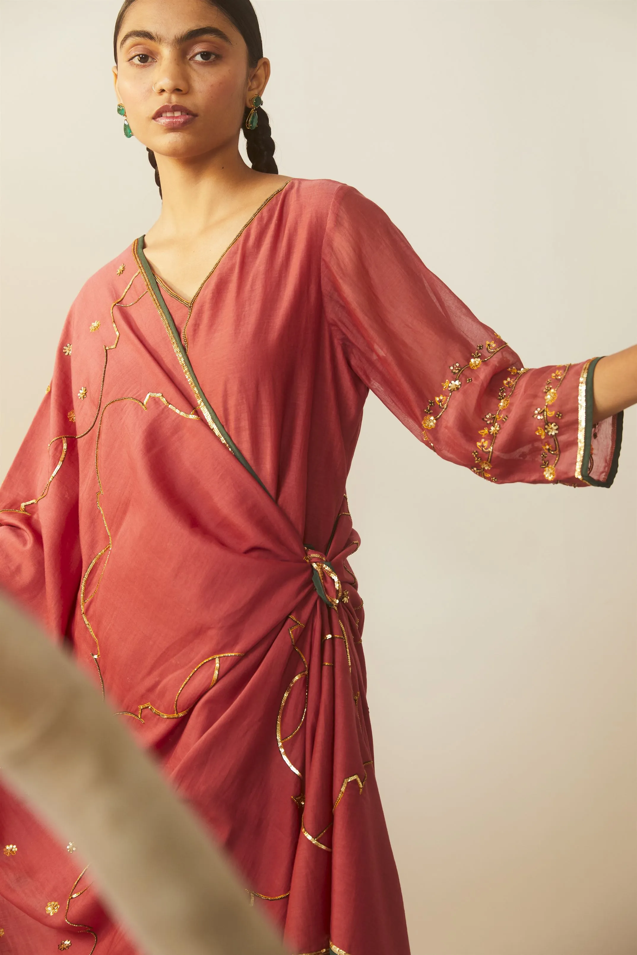 Sarang Kaur Ontario Watermelon Meenakshi Kurta Pant set Chanderi silk Bareeki SK01303