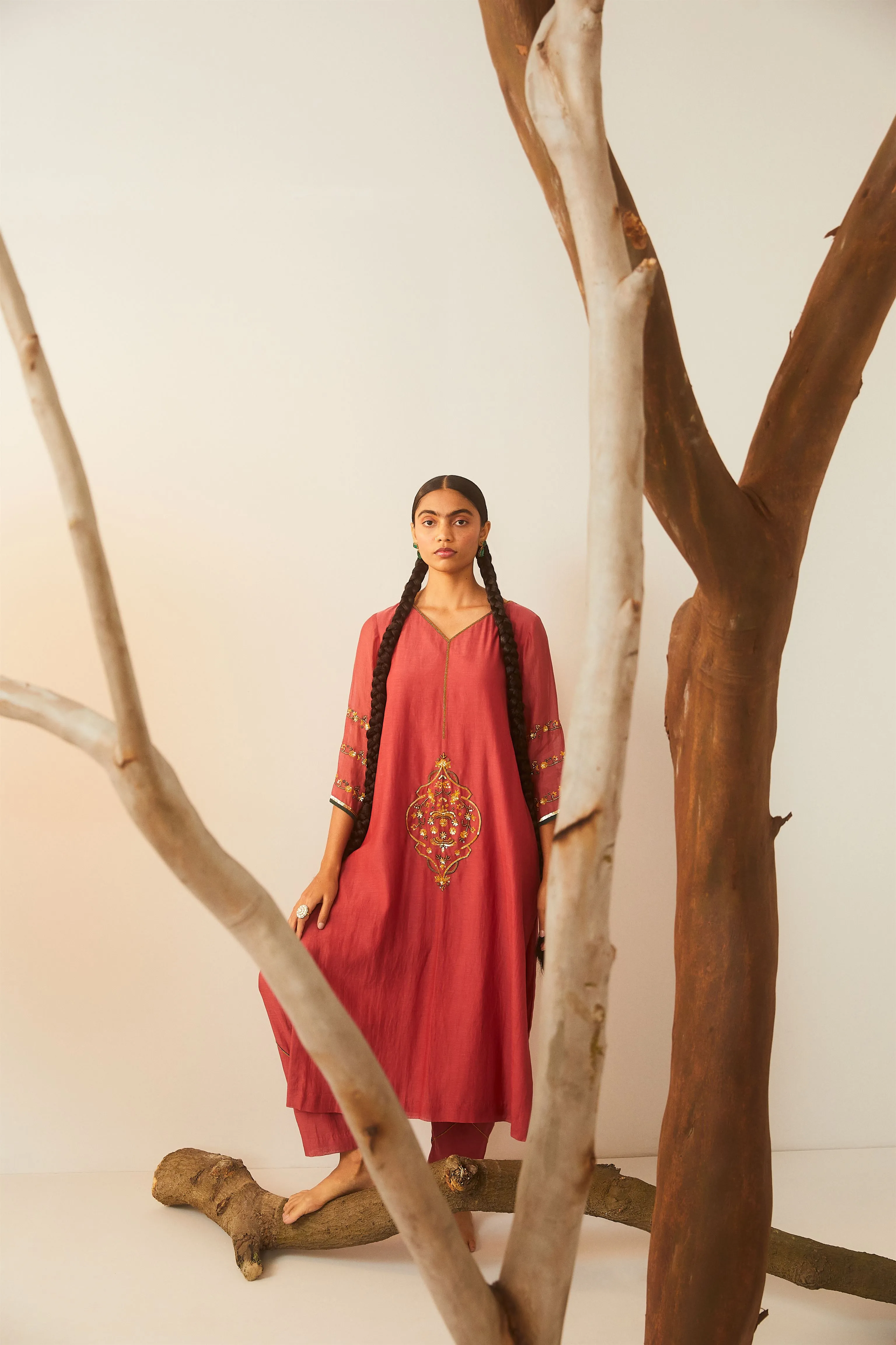 Sarang Kaur Ontario Watermelon Meenakshi Kurta Pant set Chanderi silk Bareeki SK01303