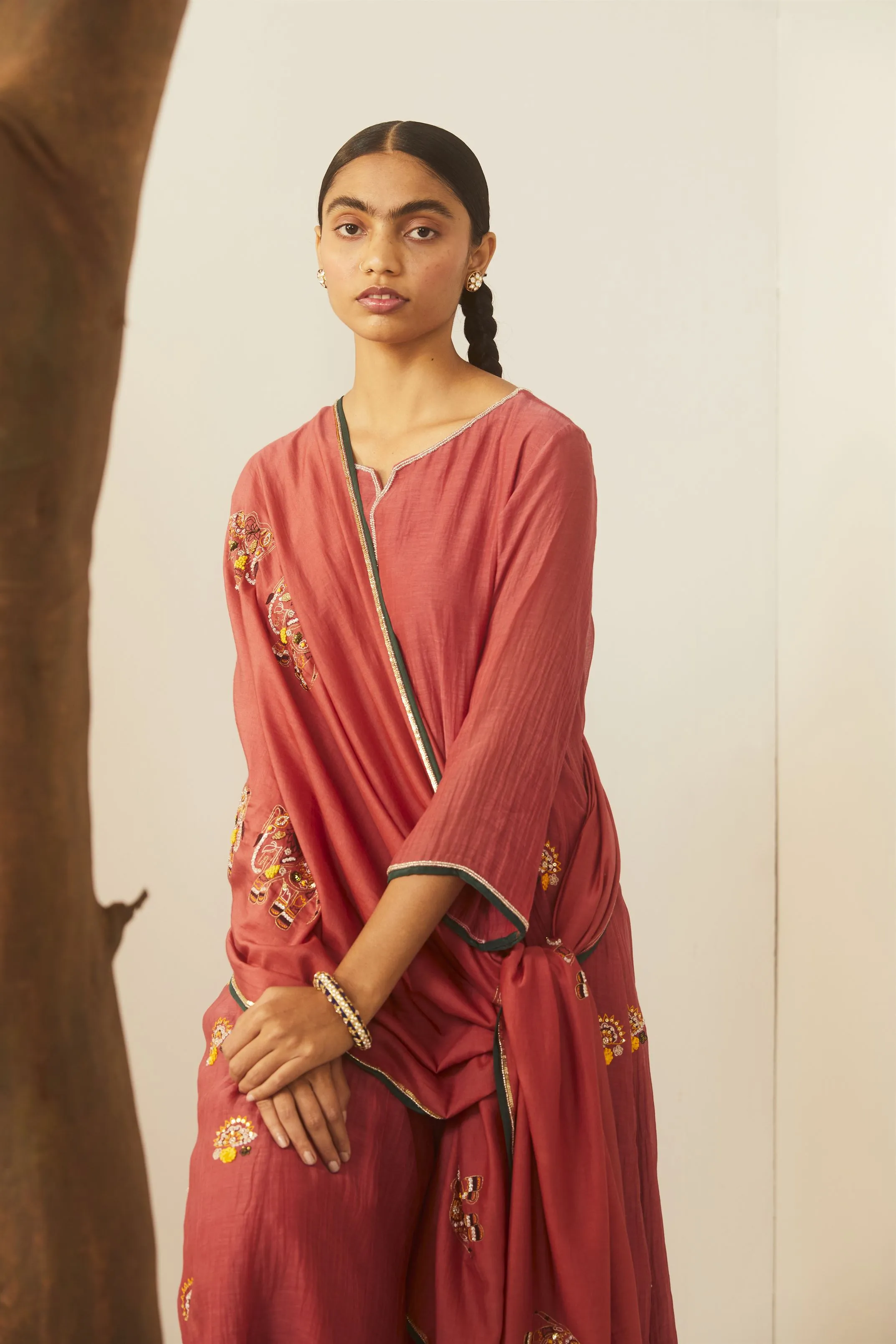 Sarang Kaur York Mills Watermelon Hathi Kurta Pant Set Chanderi silk Bareeki SK01302