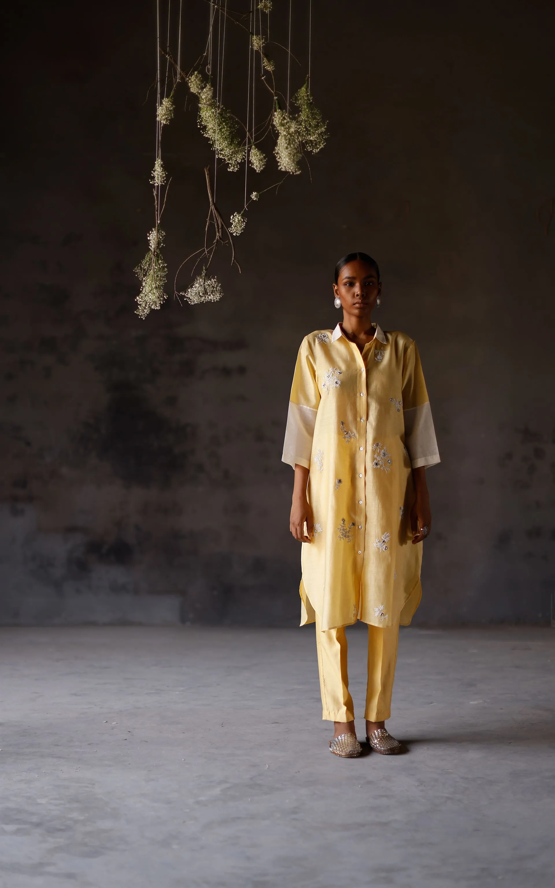 Shikha Mehta Messi Yellow Yami Tunic Set Silk Chanderi Yellow Paak Ss24-Sm23