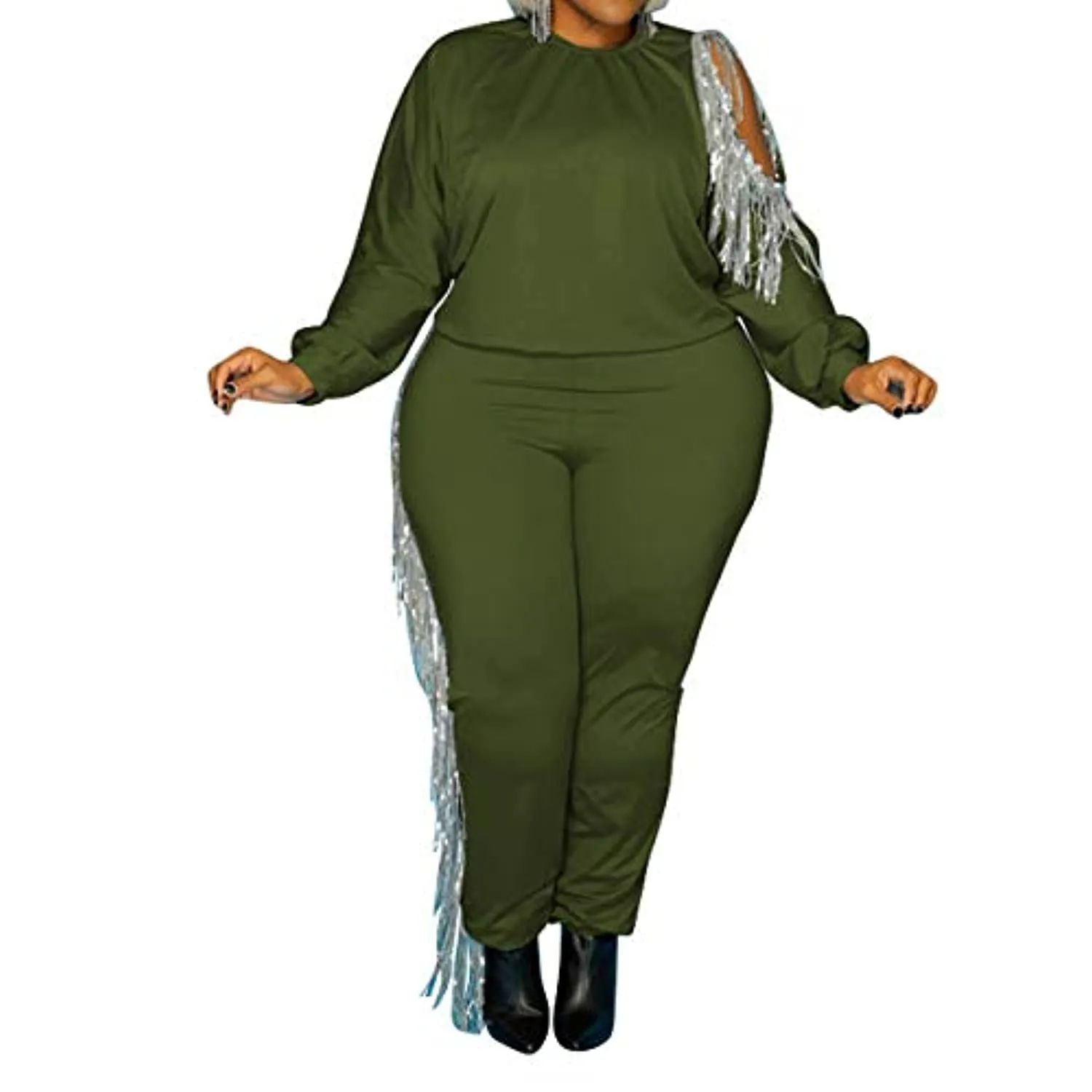 shuxiu Women's Sexy Plus 2-Piece Suit - Sequined Tassel Sport top and Pants Set