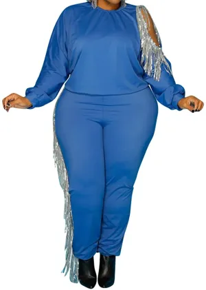 shuxiu Women's Sexy Plus 2-Piece Suit - Sequined Tassel Sport top and Pants Set