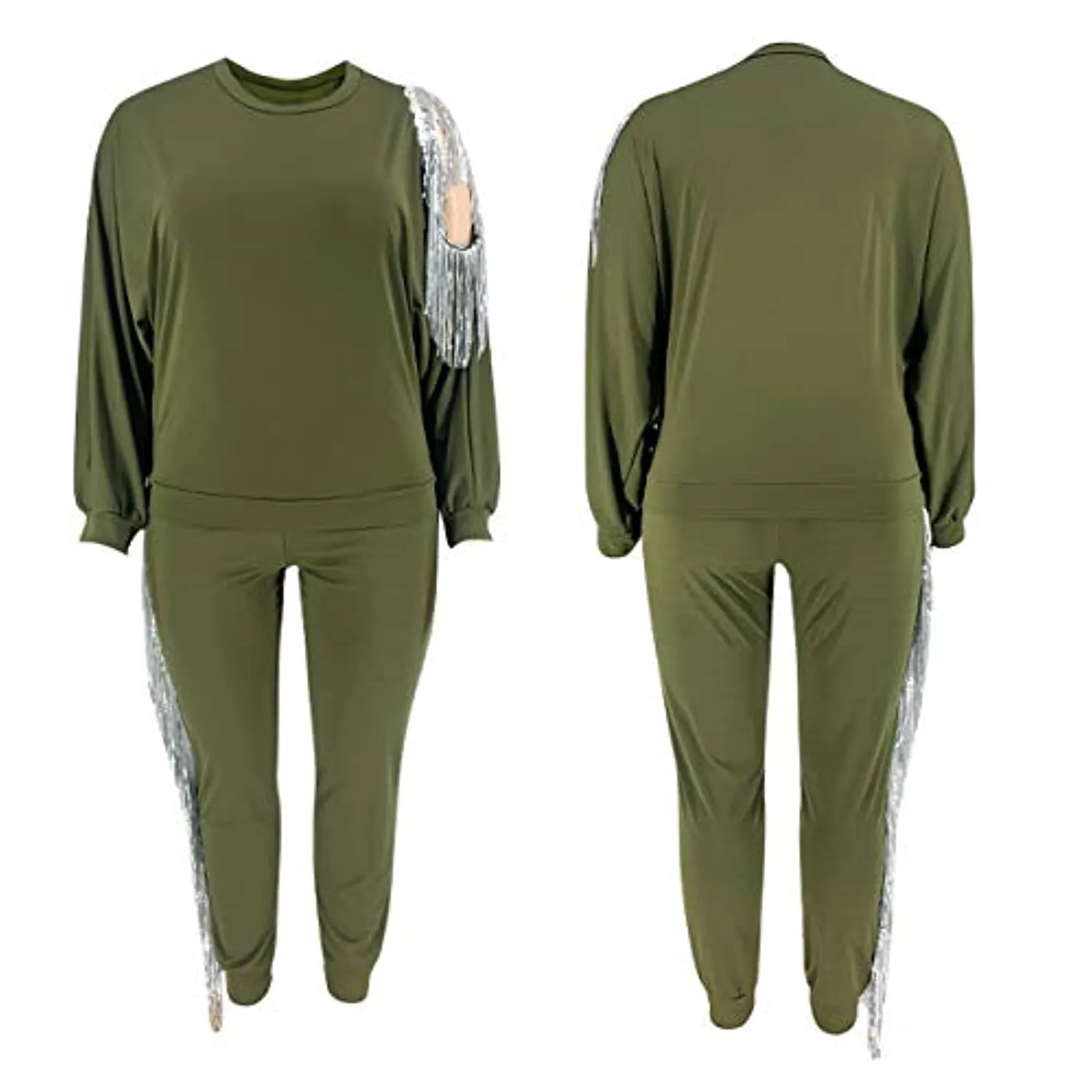 shuxiu Women's Sexy Plus 2-Piece Suit - Sequined Tassel Sport top and Pants Set