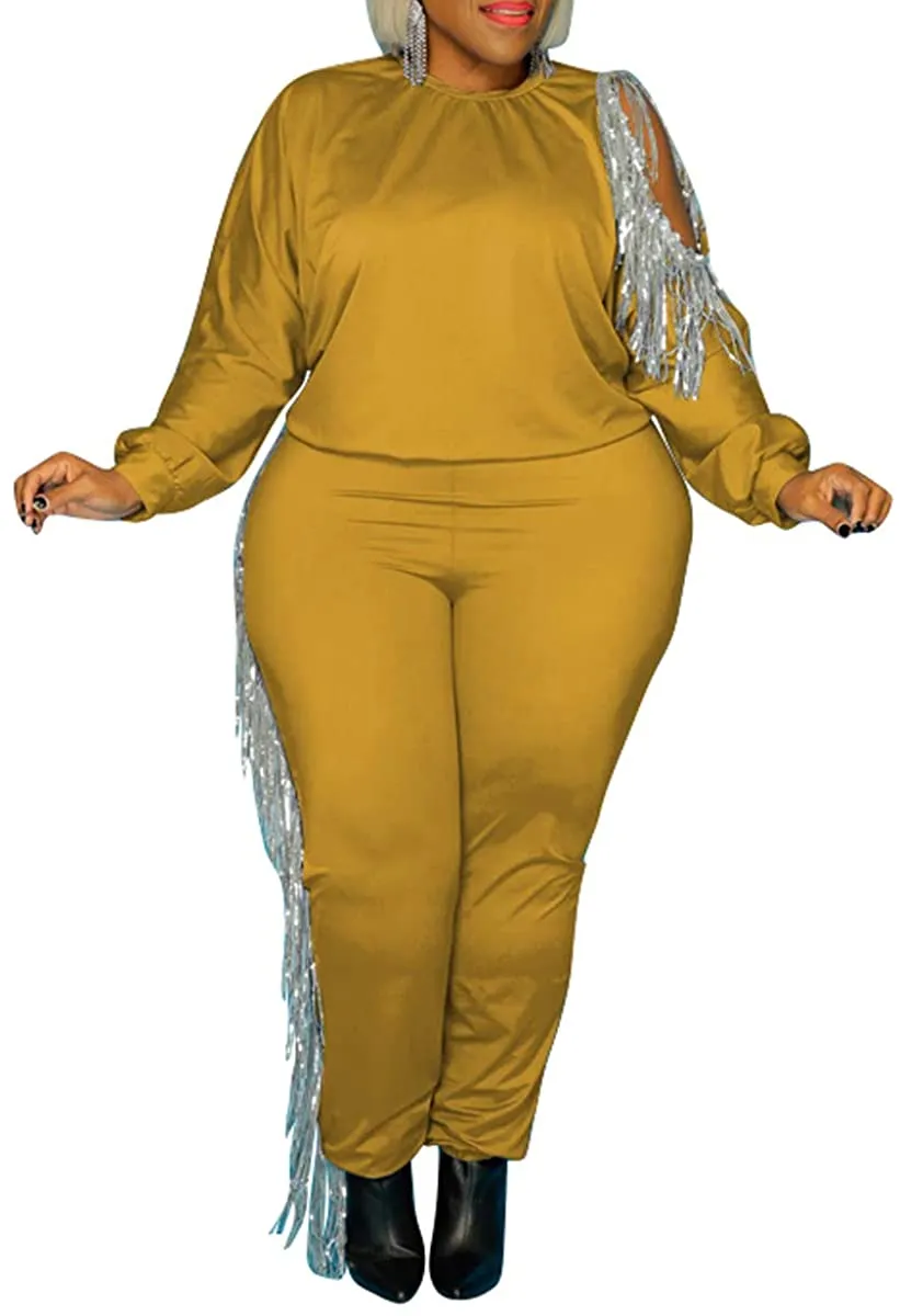 shuxiu Women's Sexy Plus 2-Piece Suit - Sequined Tassel Sport top and Pants Set