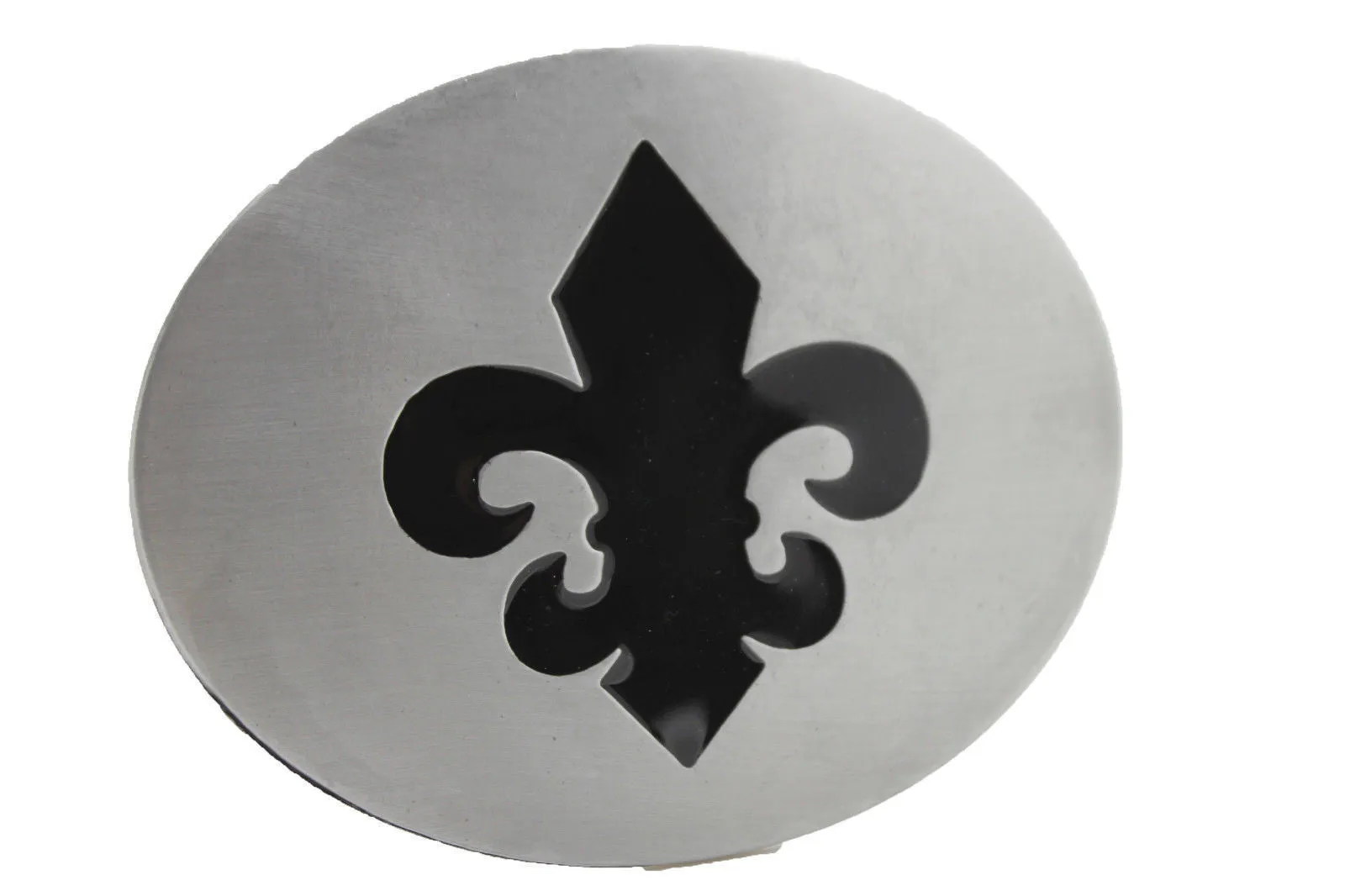 Silver Metal Black Fluer De Lis Lily Flower Belt Buckle Oval Shape Men