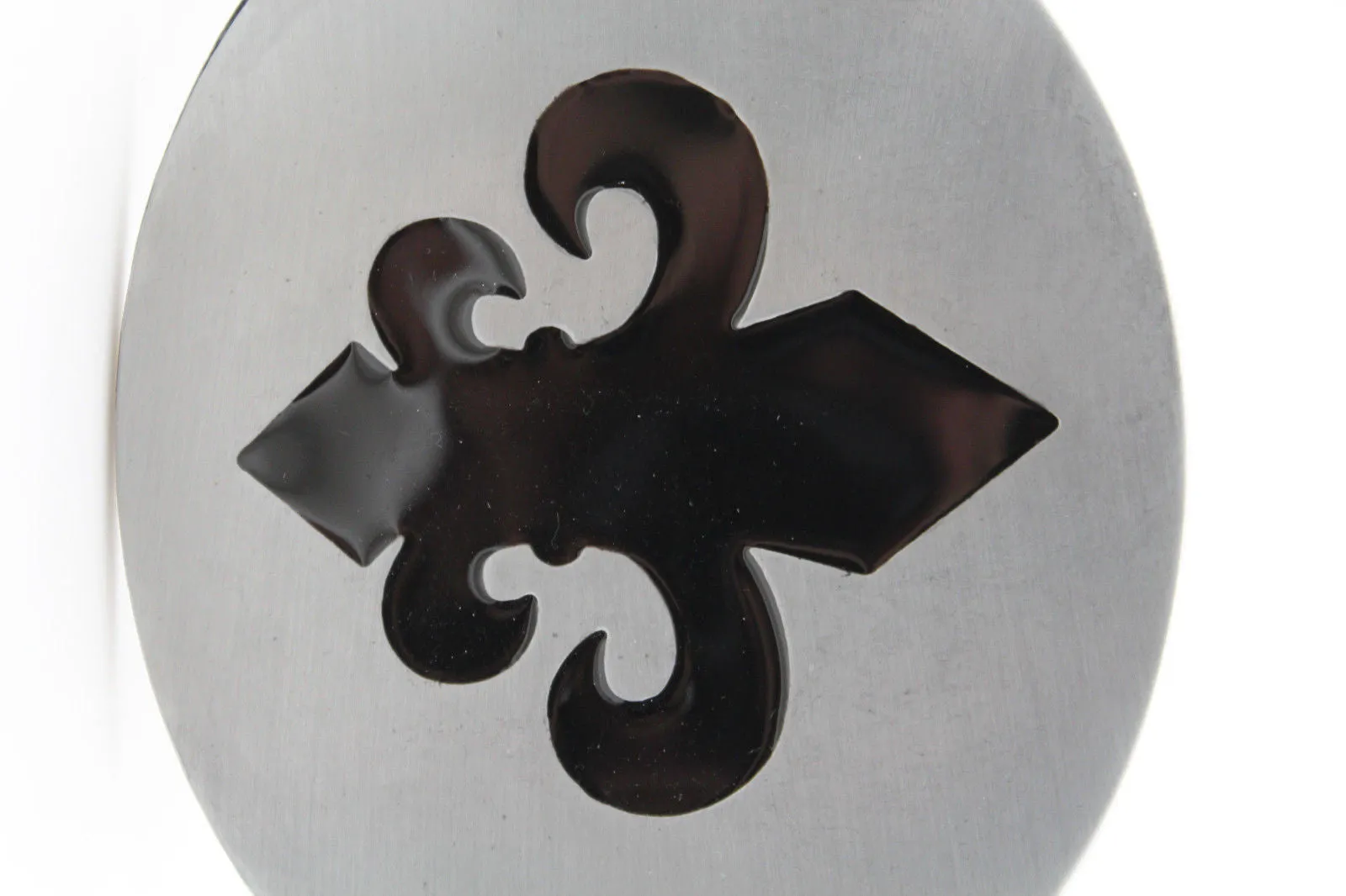 Silver Metal Black Fluer De Lis Lily Flower Belt Buckle Oval Shape Men
