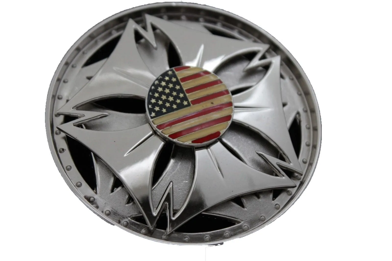 Silver Metal Spinning Round Shape American Flag USA Belt Buckle Men
