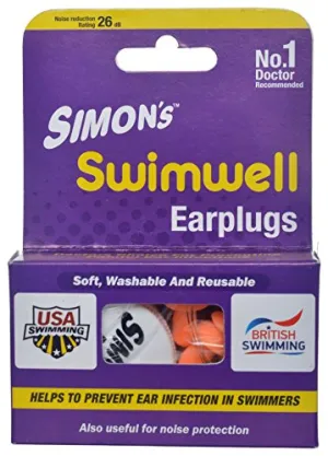 Simon's Swimwell Reusable Silicone Earplugs (2 Pairs, Orange)
