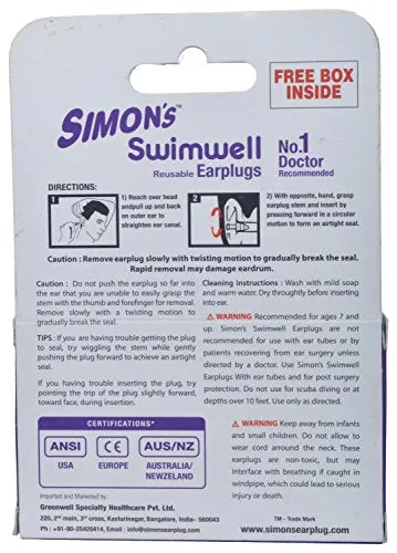 Simon's Swimwell Reusable Silicone Earplugs (2 Pairs, Orange)