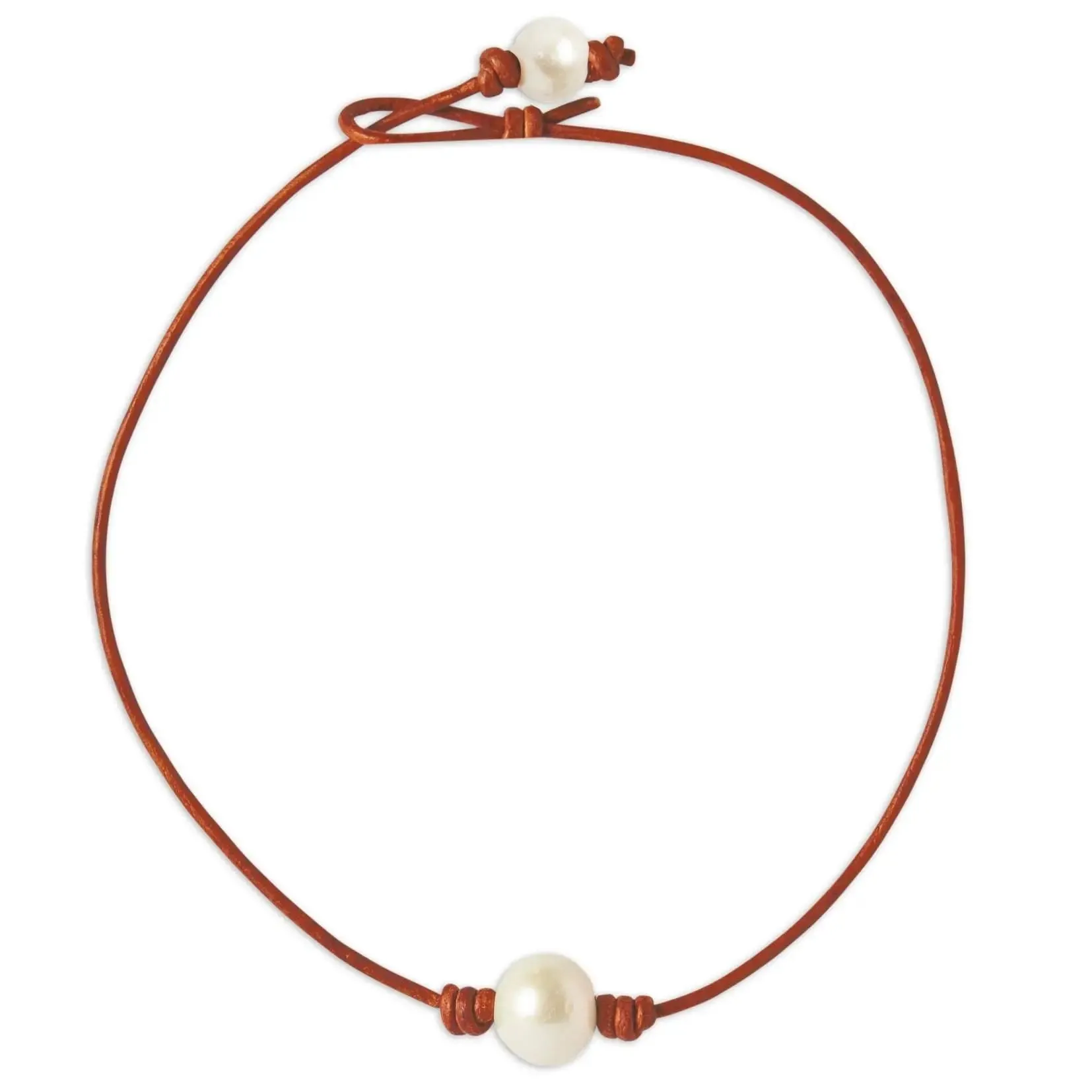 Single Freshwater Pearl and Leather Choker- Cognac