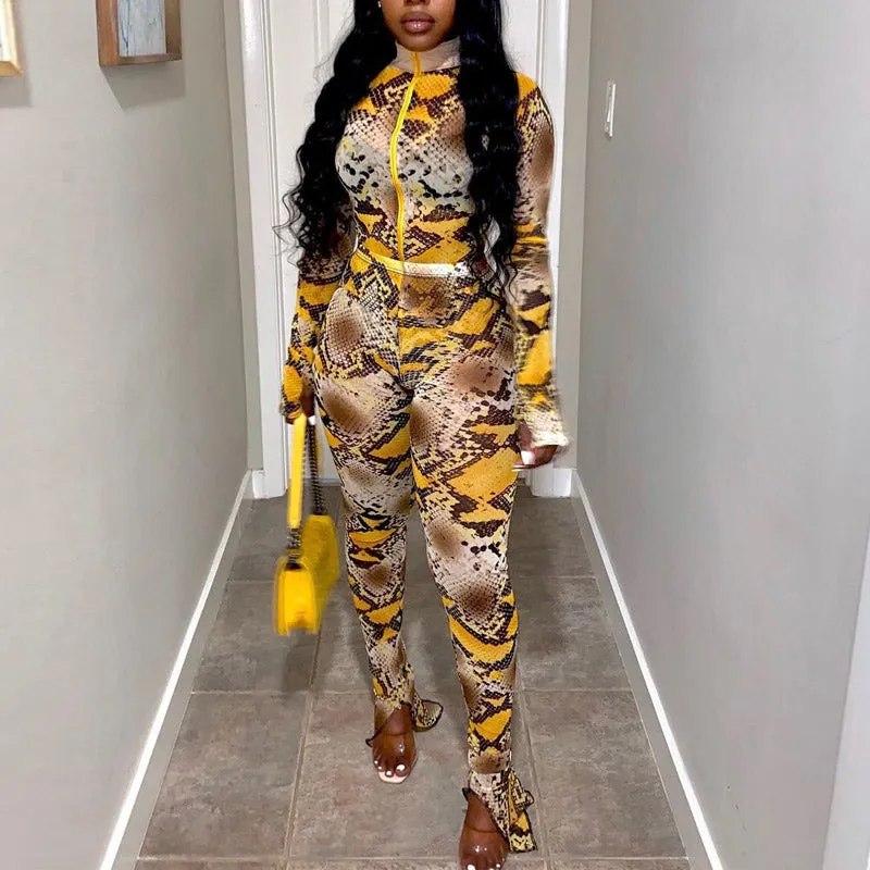 Snakeskin Pattern Zipper Design Top & Bell Bottom Pants Set