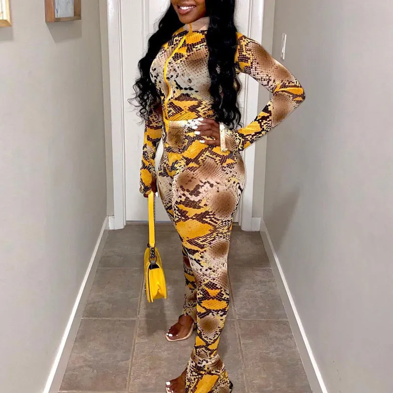 Snakeskin Pattern Zipper Design Top & Bell Bottom Pants Set