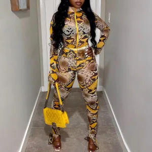 Snakeskin Pattern Zipper Design Top & Bell Bottom Pants Set