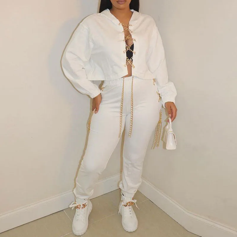 Solid Chain Bandage Hoodie Loose Top & Pants Set