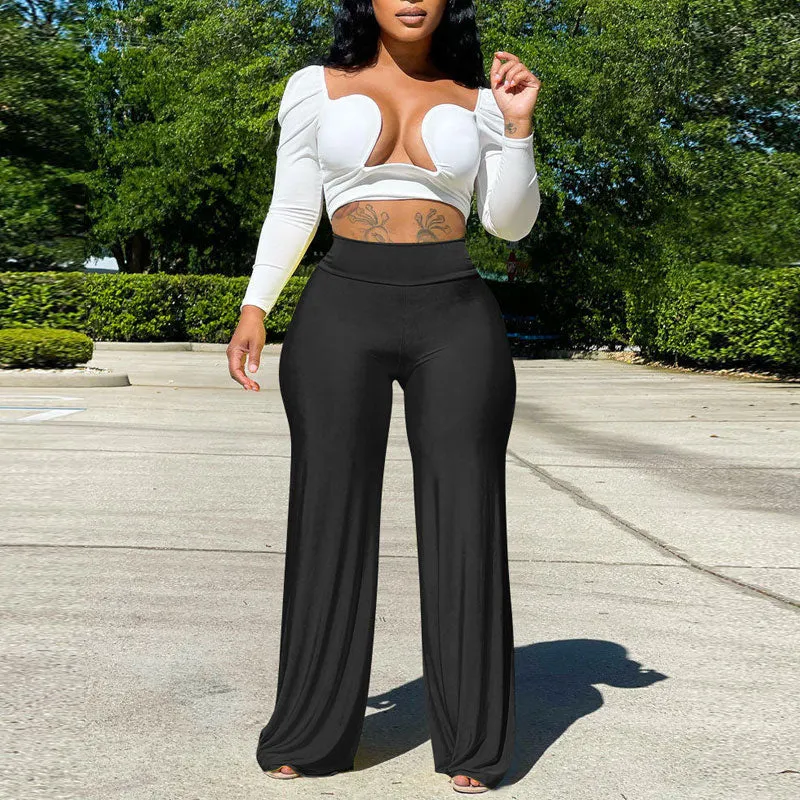 Solid High Waist Wide Leg Loose Pants