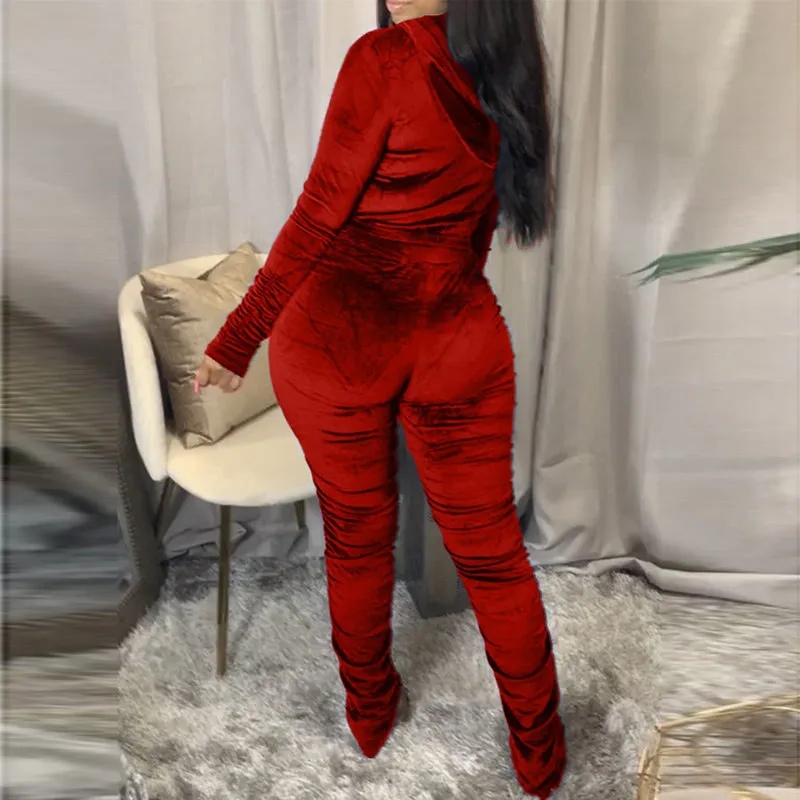 Solid Zipper Detail Pleated Design Crop Top & Pants Set