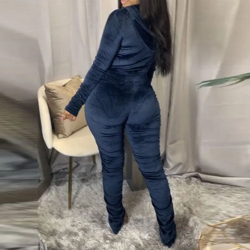 Solid Zipper Detail Pleated Design Crop Top & Pants Set