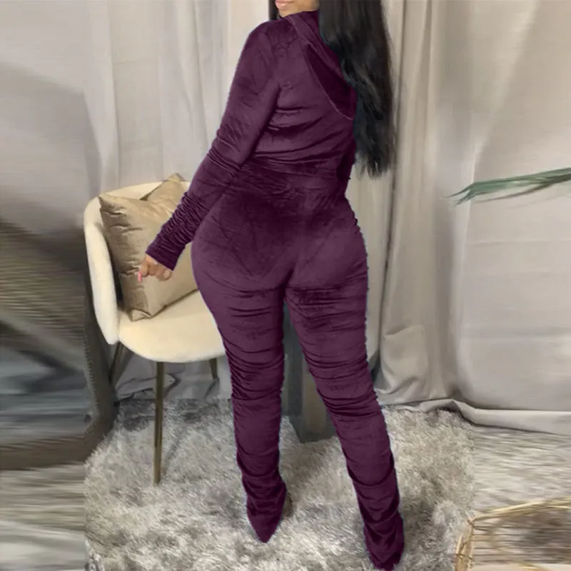 Solid Zipper Detail Pleated Design Crop Top & Pants Set