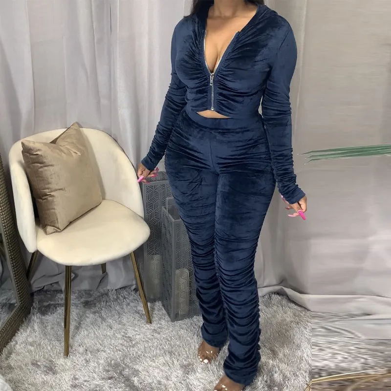 Solid Zipper Detail Pleated Design Crop Top & Pants Set