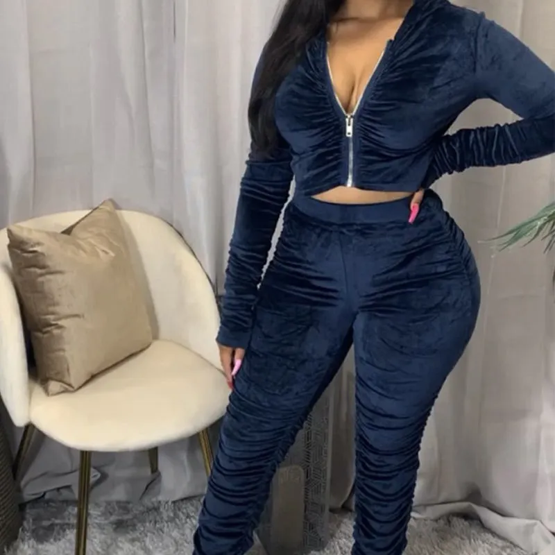 Solid Zipper Detail Pleated Design Crop Top & Pants Set