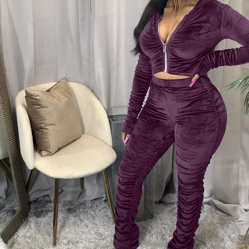 Solid Zipper Detail Pleated Design Crop Top & Pants Set