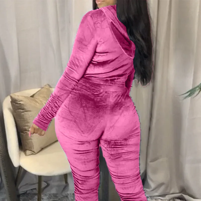 Solid Zipper Detail Pleated Design Crop Top & Pants Set