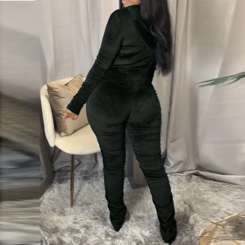 Solid Zipper Detail Pleated Design Crop Top & Pants Set